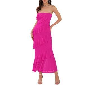 Summer Strapless Bodycon Ruffle Maxi Wedding Guest Dresses Hot Pink